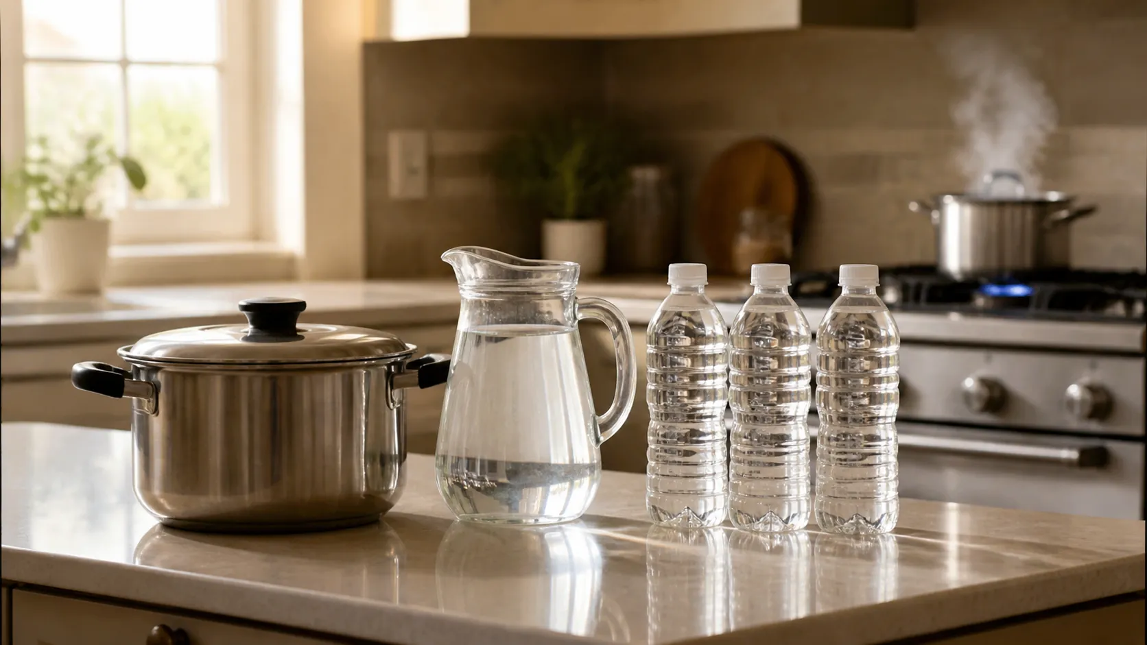 Kitchen counter with cooled boiled water in covered containers and sealed bottled water within reach