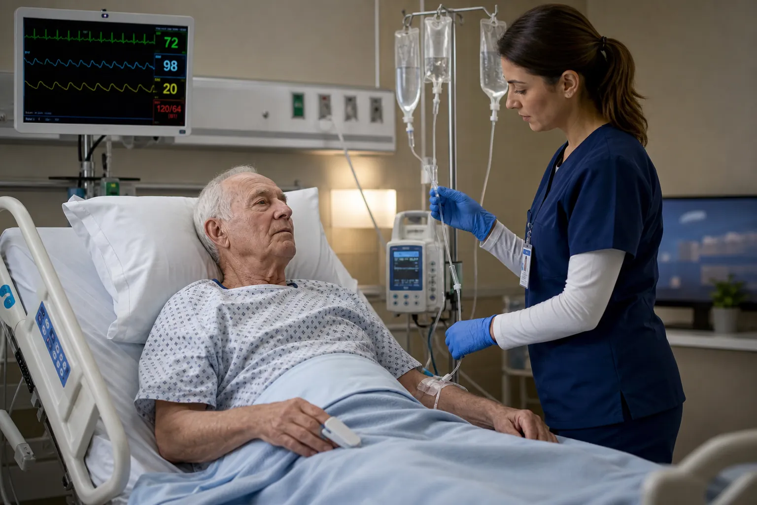 Senior patient in a hospital bed connected to monitoring equipment while a nurse checks an IV line