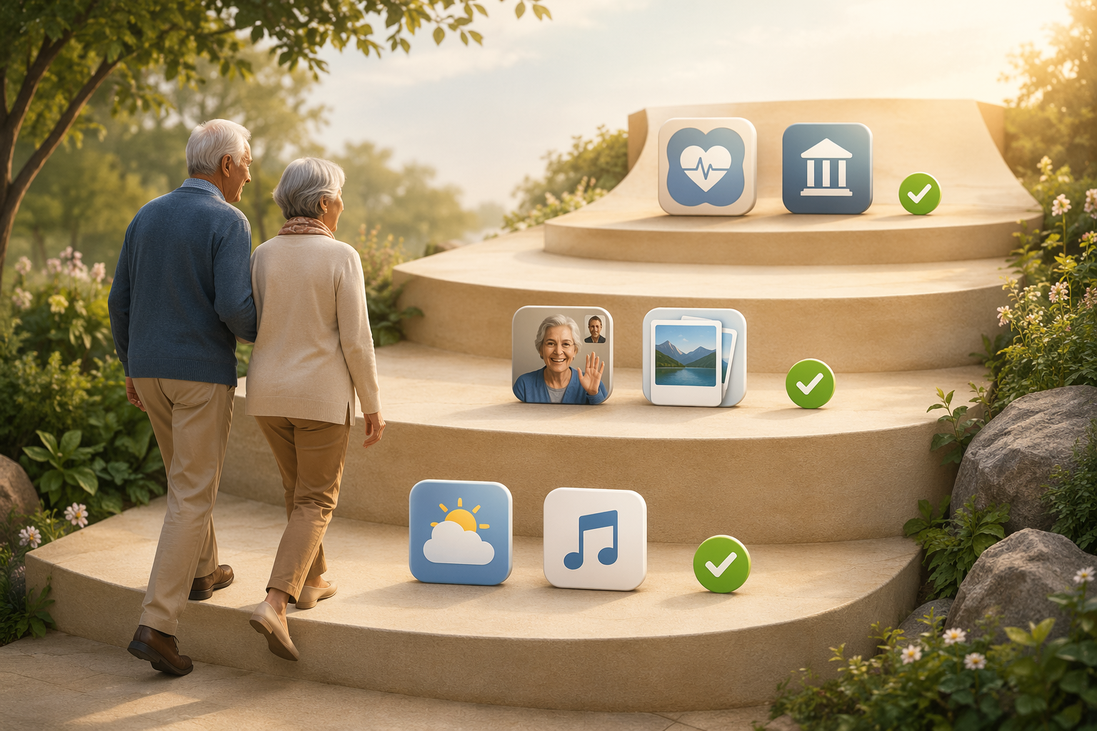 A gentle upward pathway with wide, shallow steps. At the bottom, icons for a weather app and music player. Midway, icons for video calling and photo sharing. At the top, icons for health monitoring and online banking.