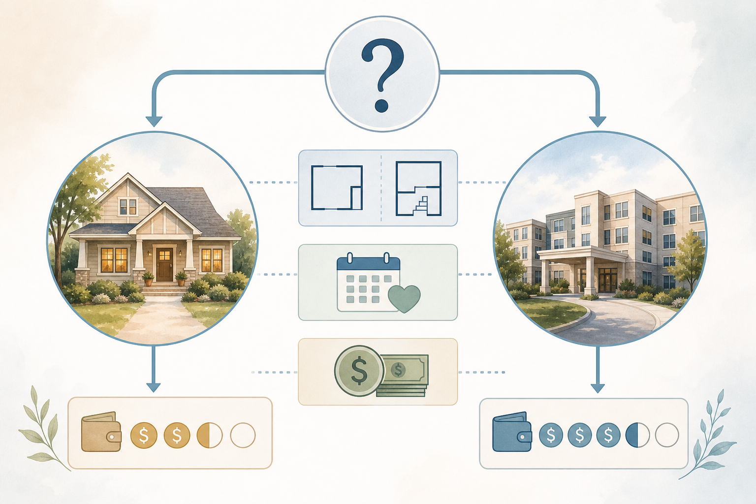 An editorial decision framework illustration showing two choice paths from a central question. A warm home icon on the left represents remodeling for aging in place, while an accessible building icon on the right represents moving to assisted living. Between them, small visual icons show decision factors: a house floor plan, a calendar with a heart, and a money symbol.