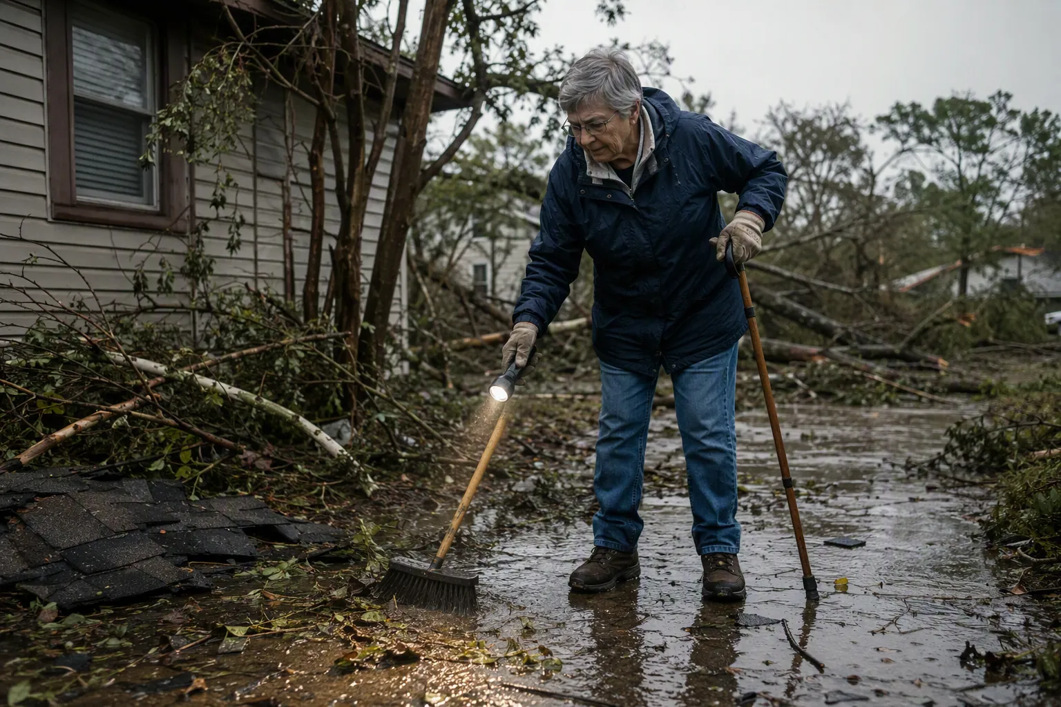 An older adult in boots and gloves carefully clearing wet storm debris from a slippery walkway