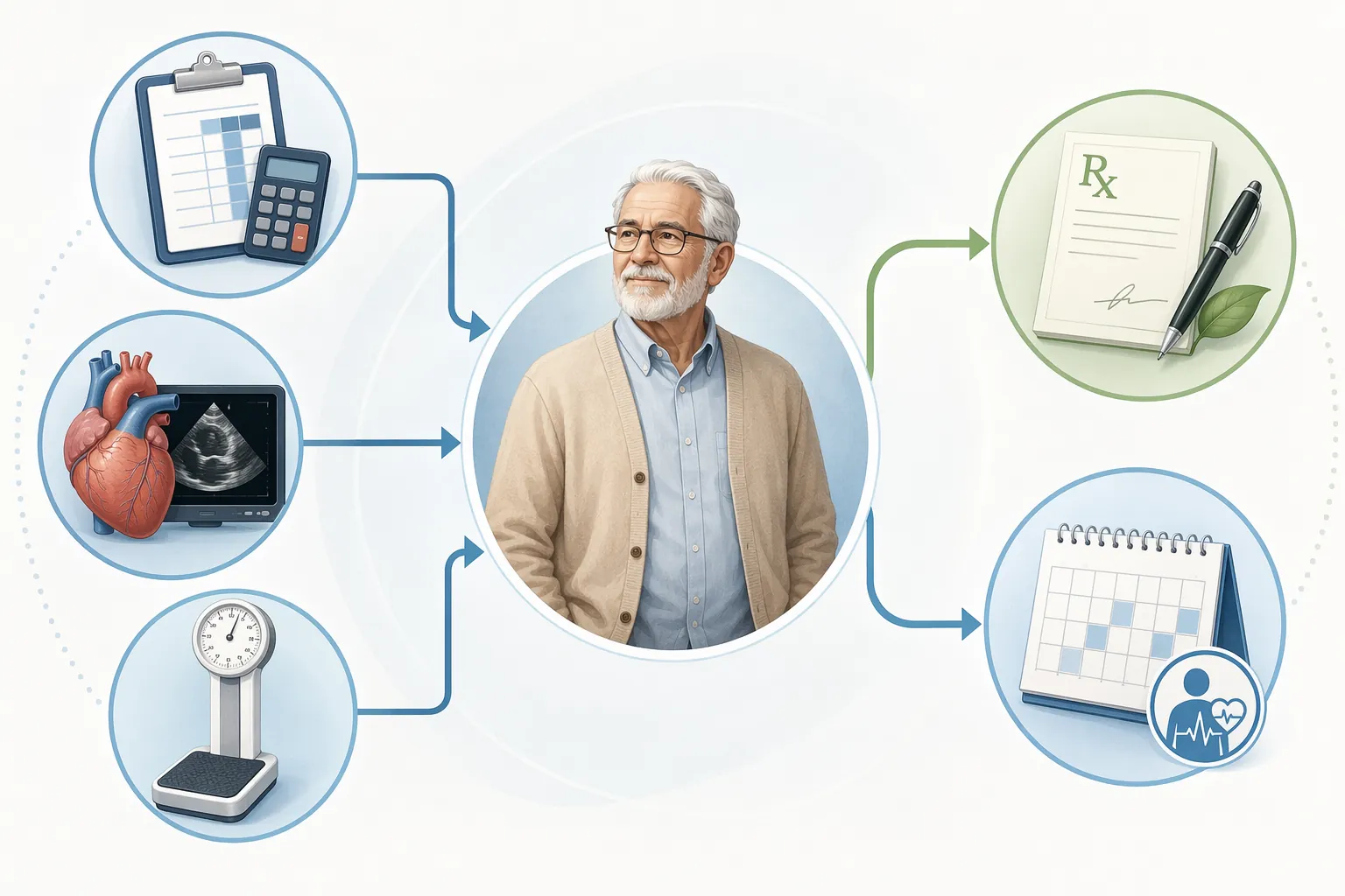 Medical illustration showing risk calculation, heart scanning, and treatment pathways for an older adult