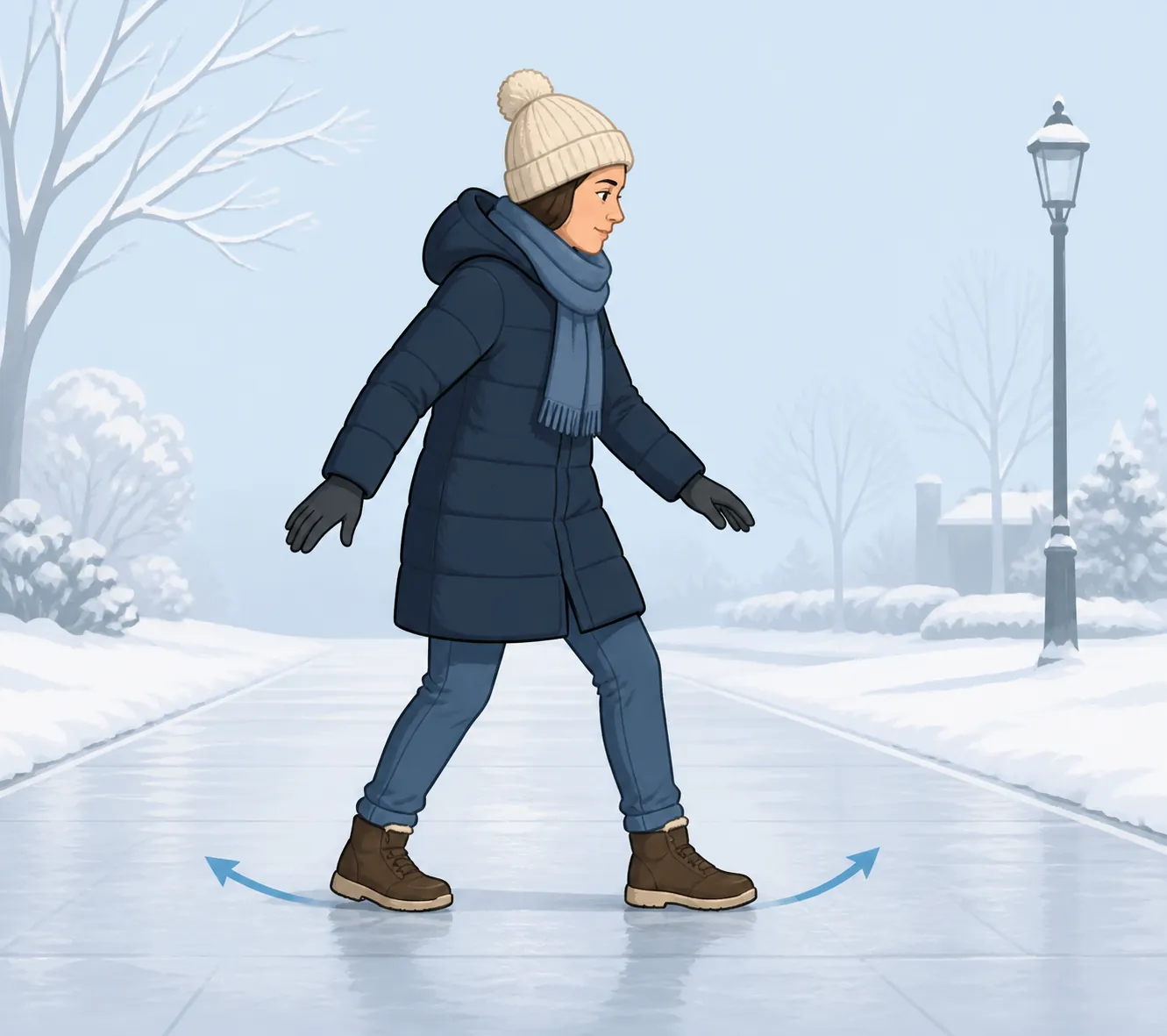 Illustration of a person taking short flat-footed steps on ice with feet slightly turned outward