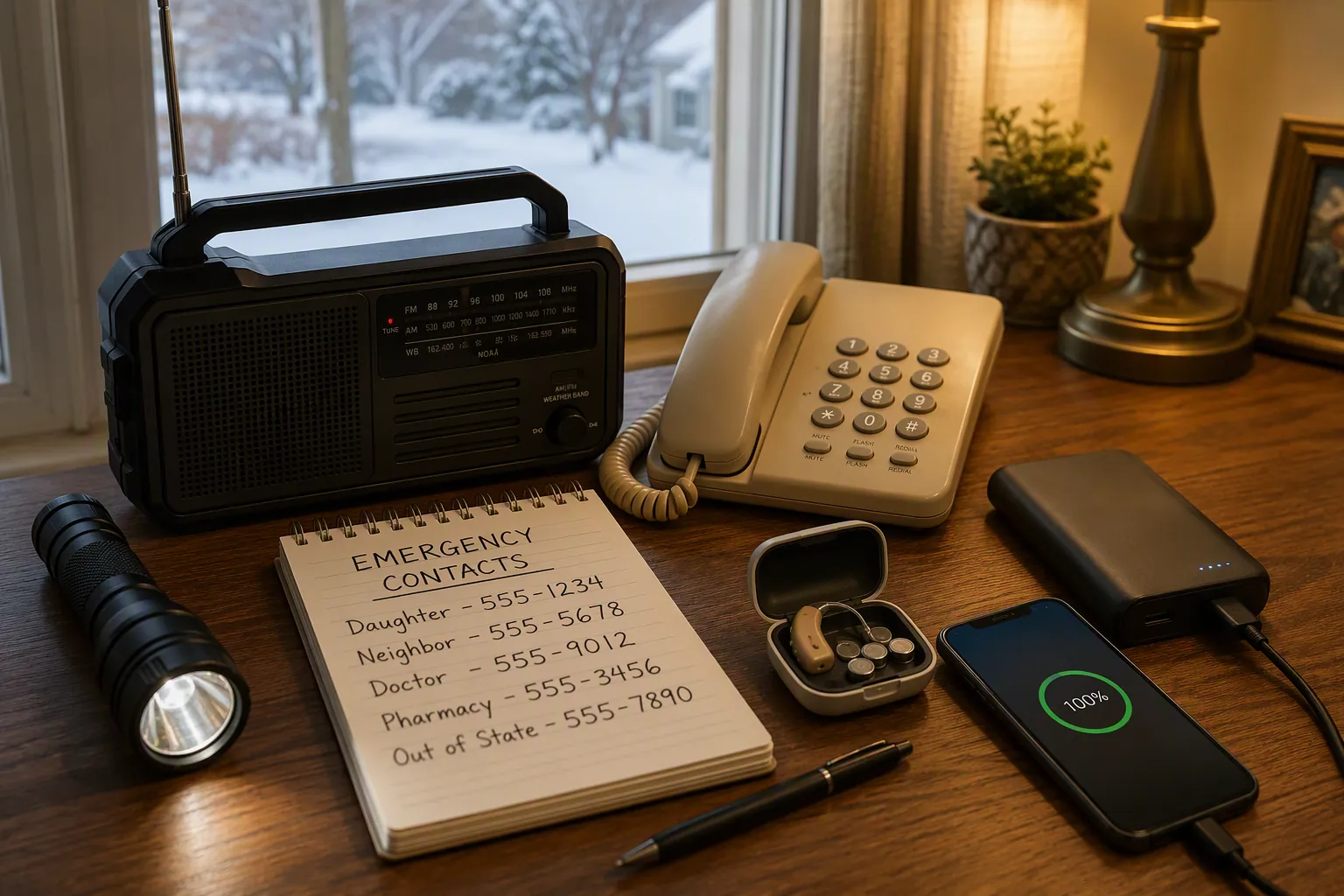 Desk with battery radio, corded landline phone, large-print emergency contact notebook, power bank connected to a phone, flashlight, and hearing aid case with extra batteries