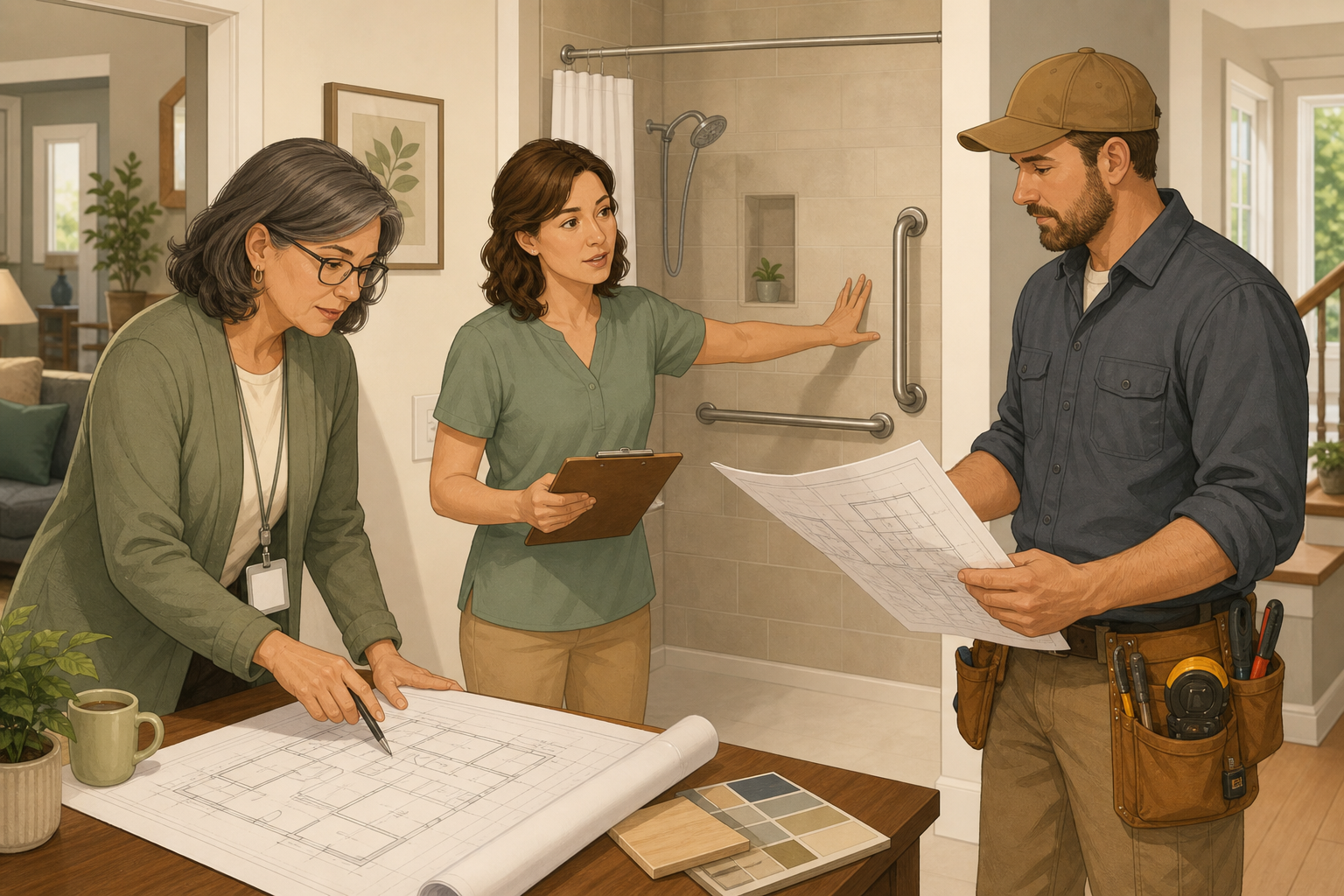 An editorial illustration showing three professionals collaborating on an aging-in-place home project: a CAPS specialist with a badge reviewing blueprints, an occupational therapist with a clipboard demonstrating a grab bar placement, and a general contractor with a tool belt examining structural plans, all in warm beige and sage green tones.