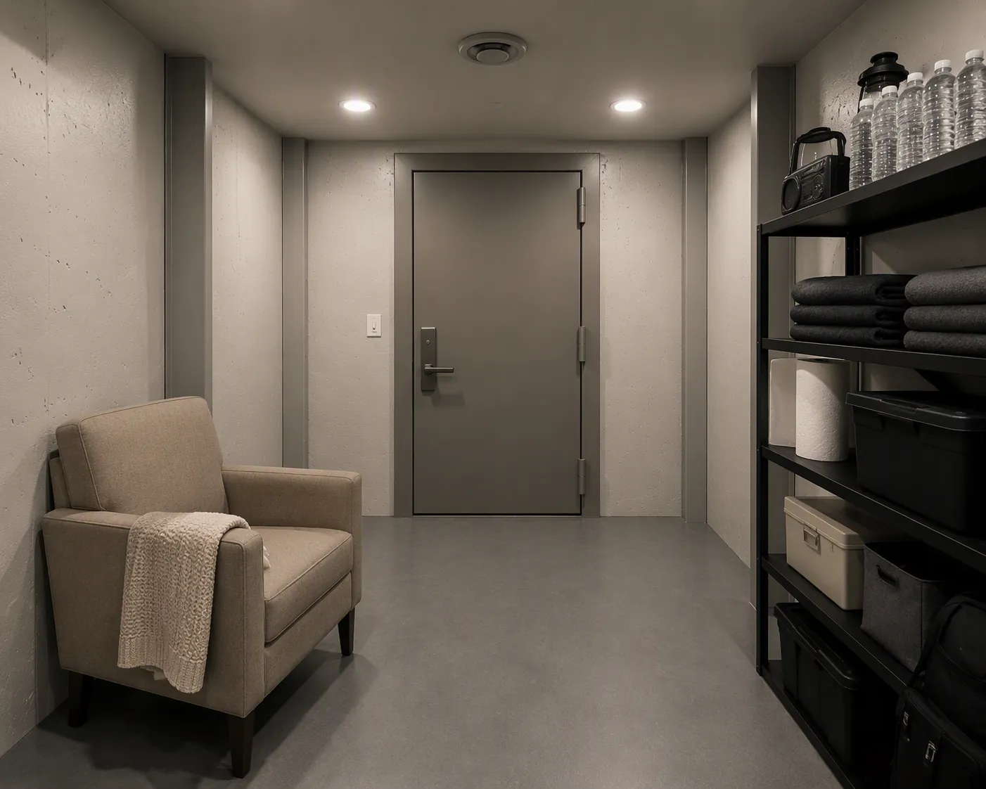 A windowless interior room prepared as an accessible tornado shelter with chair and reachable supplies