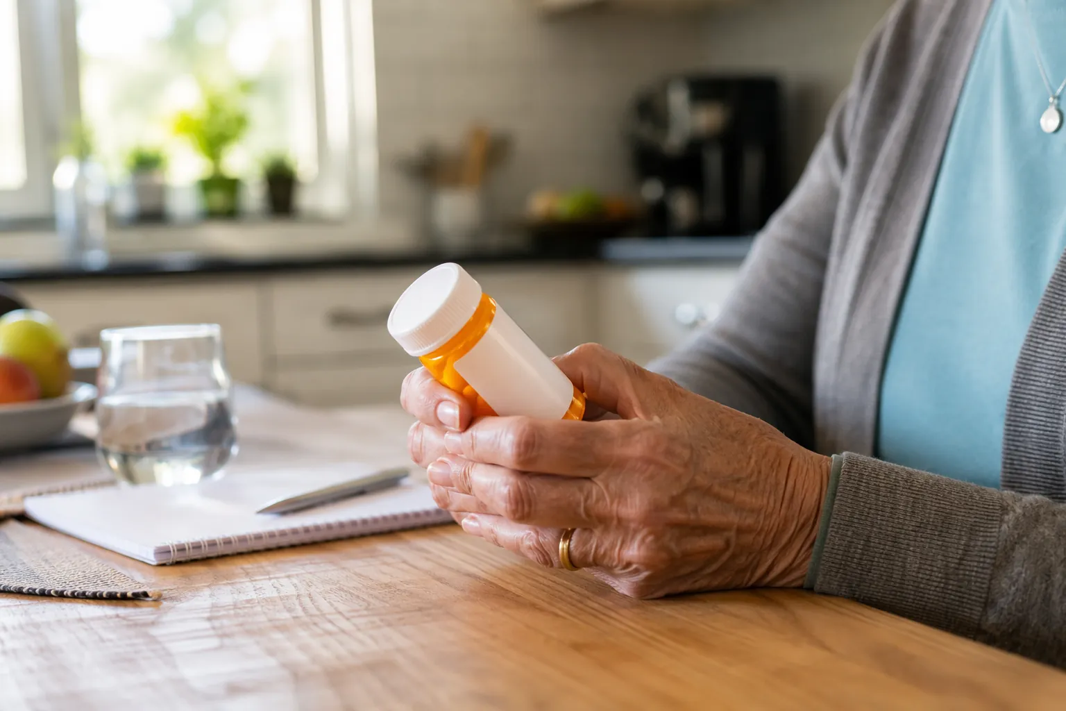 Older adult holding an amber prescription bottle at a kitchen table