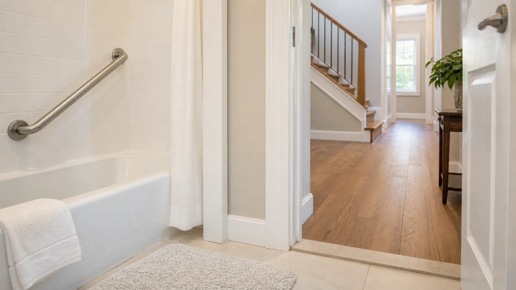 Bright home bathroom and hallway with grab bar, non-slip mat, low threshold, and stair handrail