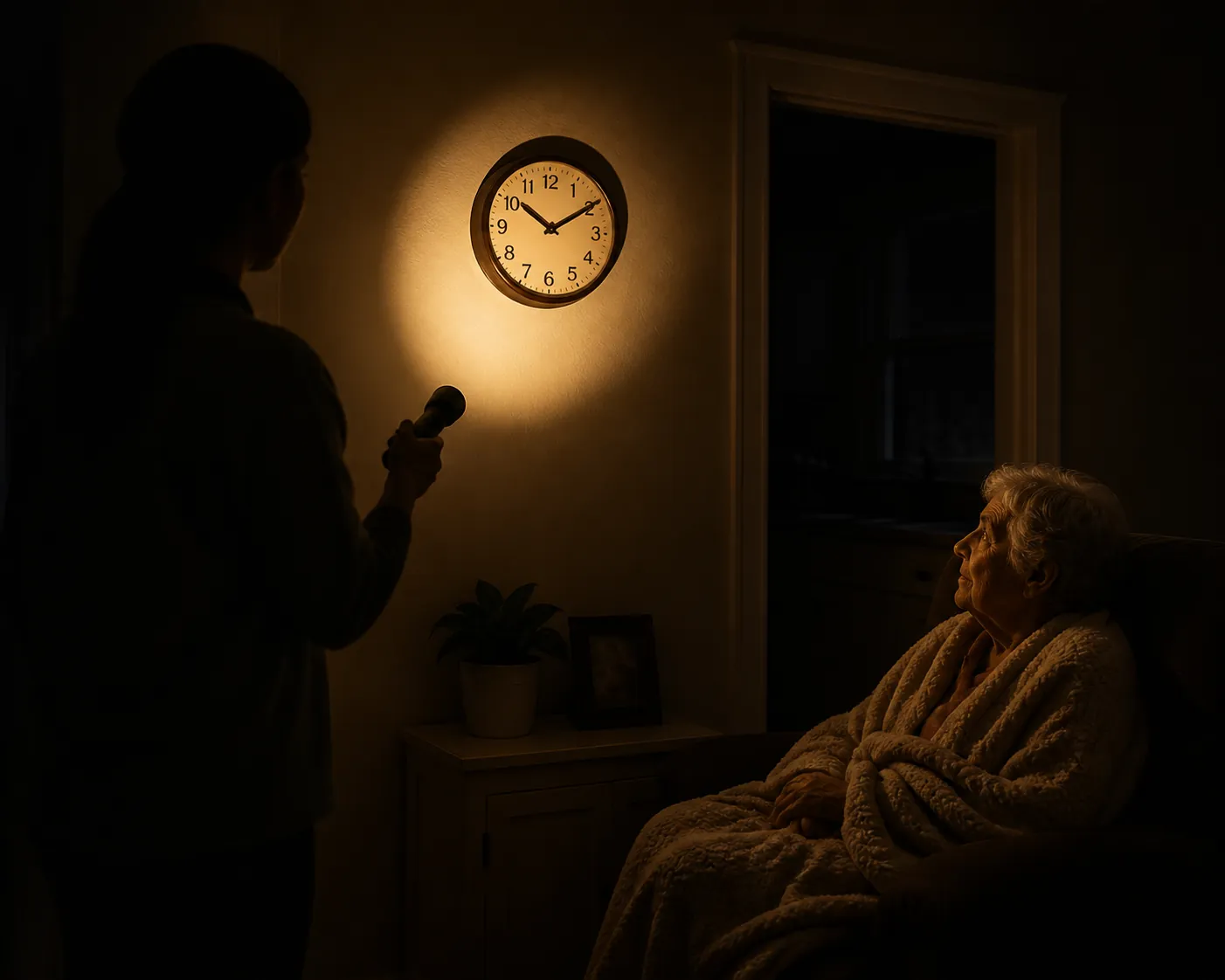 An older adult sitting in a dim living room during a power outage while a caregiver holds a flashlight near a wall clock