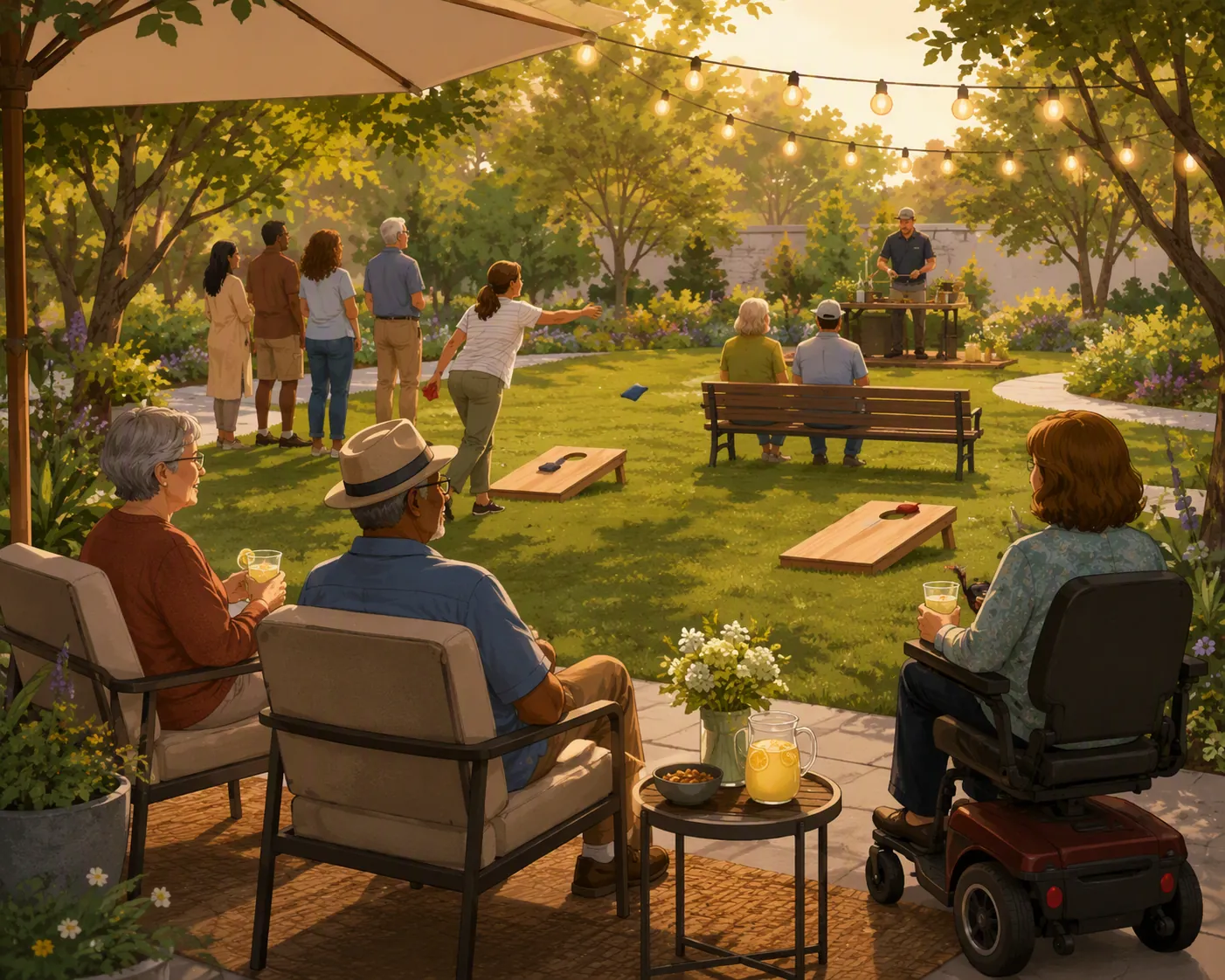 Illustration of a National Night Out event arranged with shaded seating, cornhole boards, and a quiet viewing bench