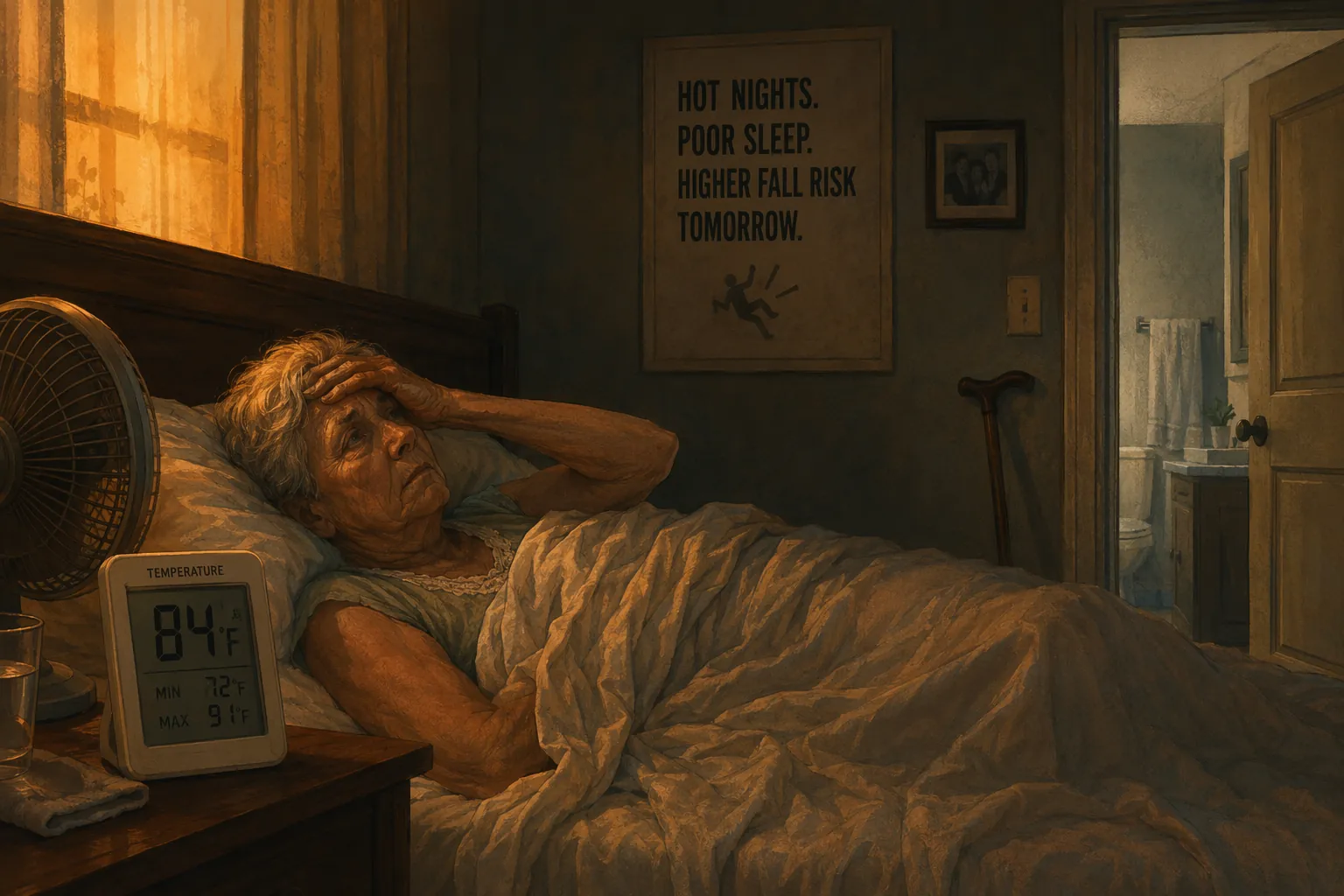 Older adult lying awake in a hot bedroom with a bedside thermometer reading 84 degrees Fahrenheit and a cane near the bathroom door