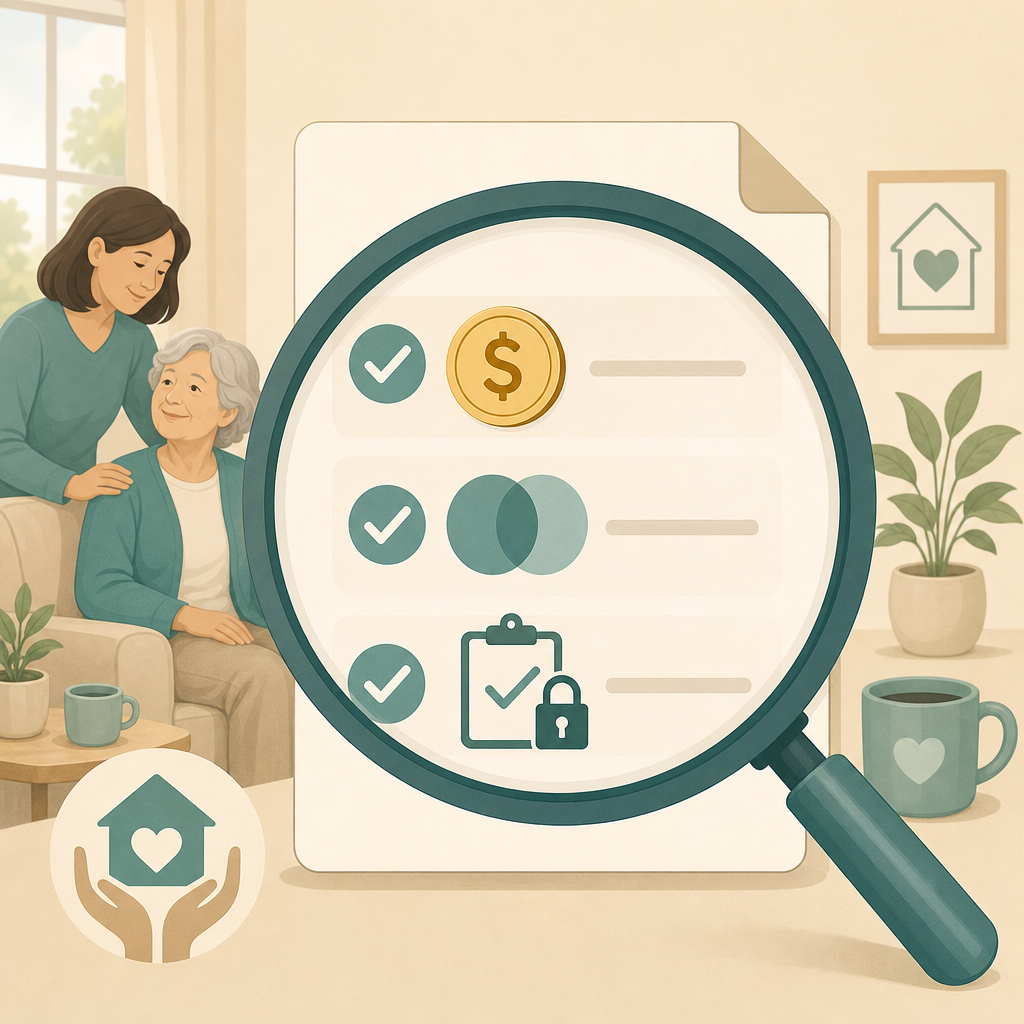 A magnifying glass hovering over a document icon with three checkmark areas representing dollar benefit limits, in-network provider restrictions, and prior authorization requirements.