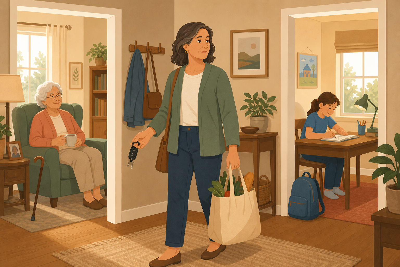 A middle-aged adult at the center of a home entryway holding car keys and a shopping bag, looking toward an older adult in an armchair with a cane on one side and a young child doing homework at a desk on the other side.