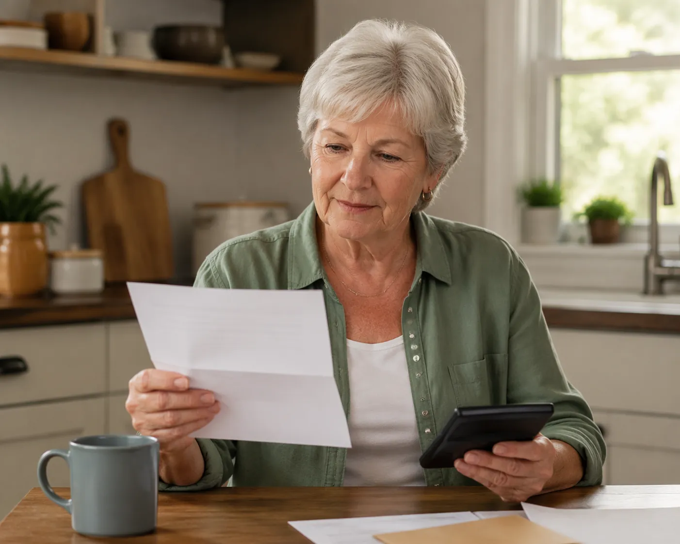 Senior woman reviewing a Social Security benefits letter with a calculator at a kitchen table
