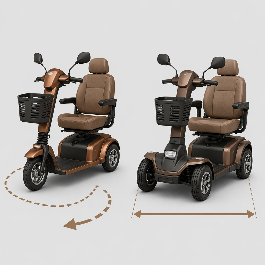 Side-by-side comparison of a three-wheel mobility scooter with a tighter turning radius and a four-wheel mobility scooter with a wider, more stable base