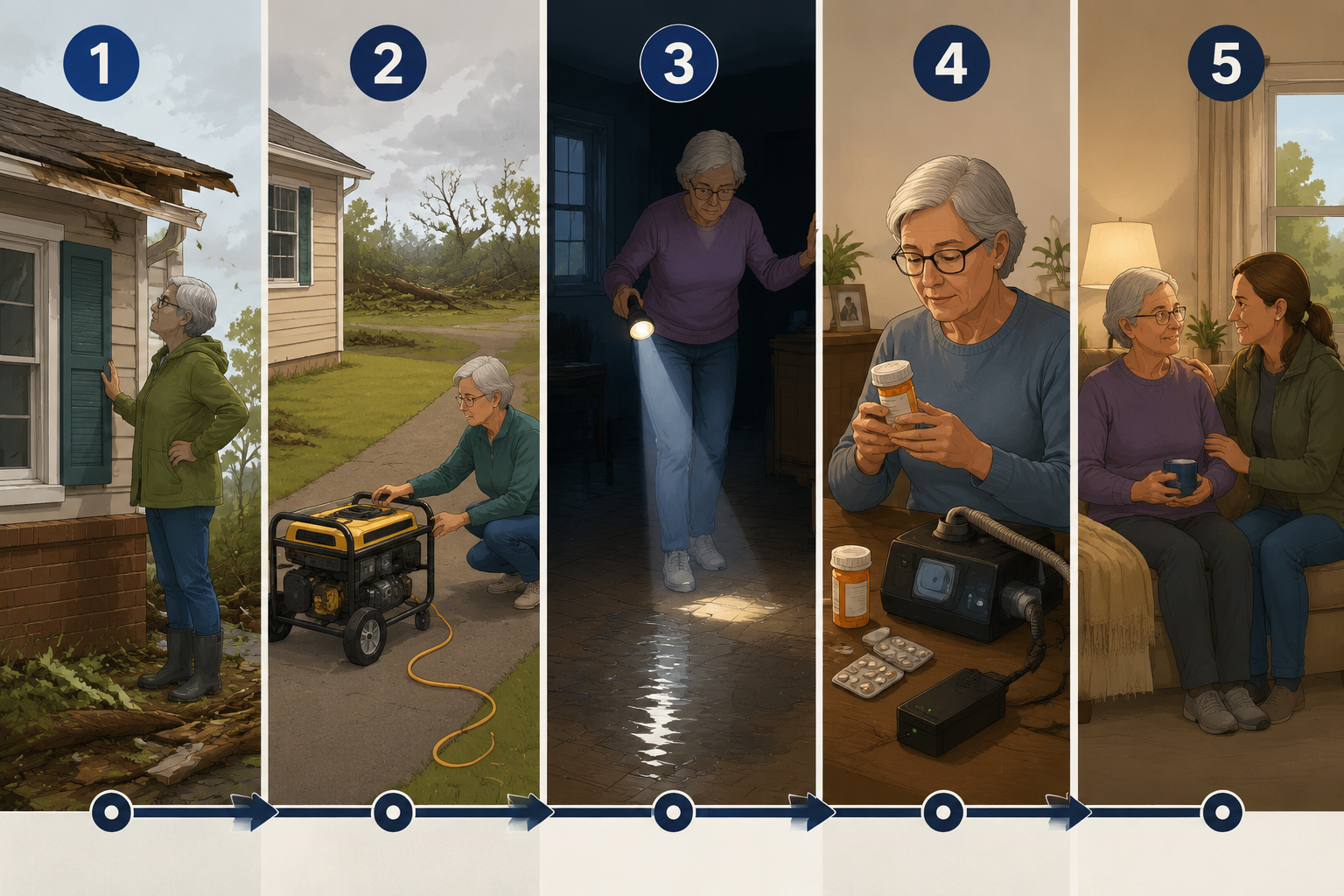 Illustrated sequence of safe post-storm re-entry steps for an older adult