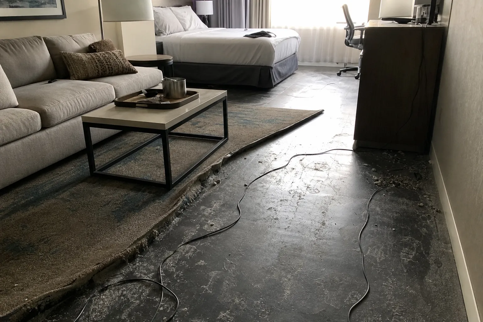 A temporary living space with loose cords, a turned-up rug edge, and an unfamiliar bed height creating post-evacuation fall hazards