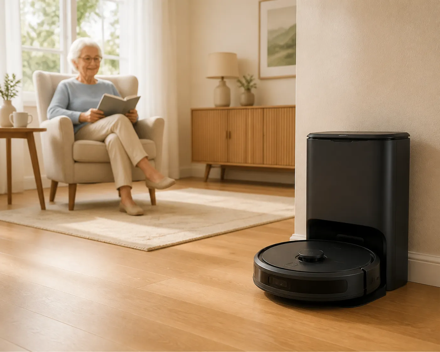 Robot vacuum docked in a bright living room with clear floors and no visible cords