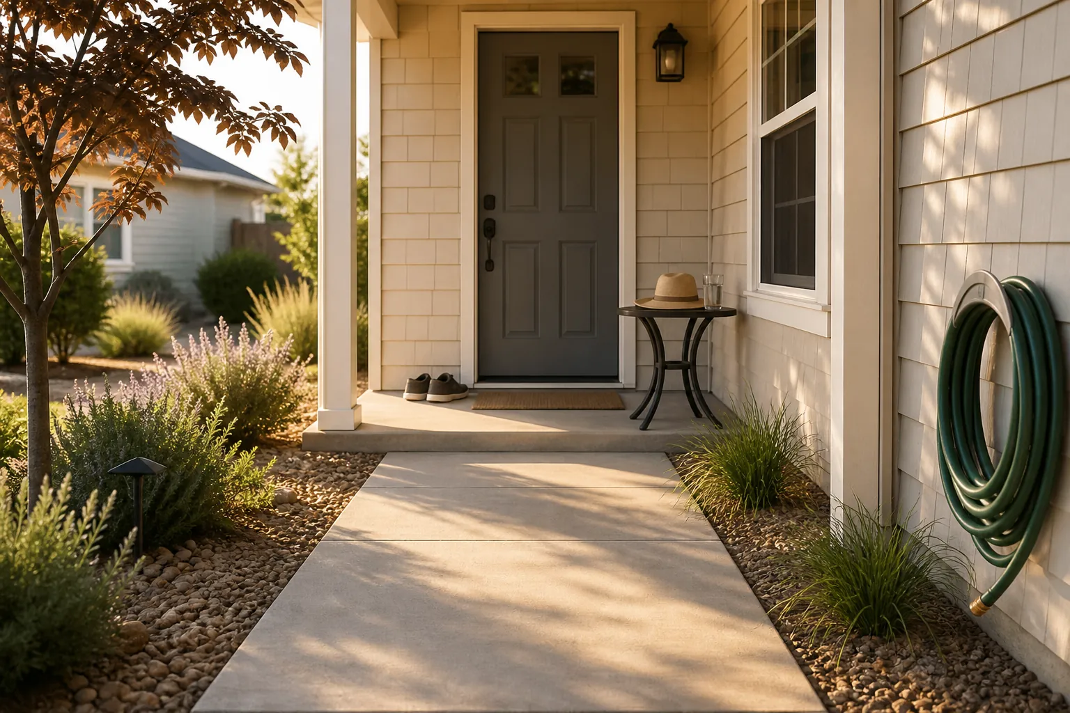Clear shaded summer walkway with a coiled garden hose, water glass, sun hat, and closed-toe shoes by the doorway