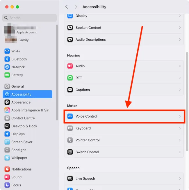 macOS Accessibility settings showing Voice Control enabled with overlay options