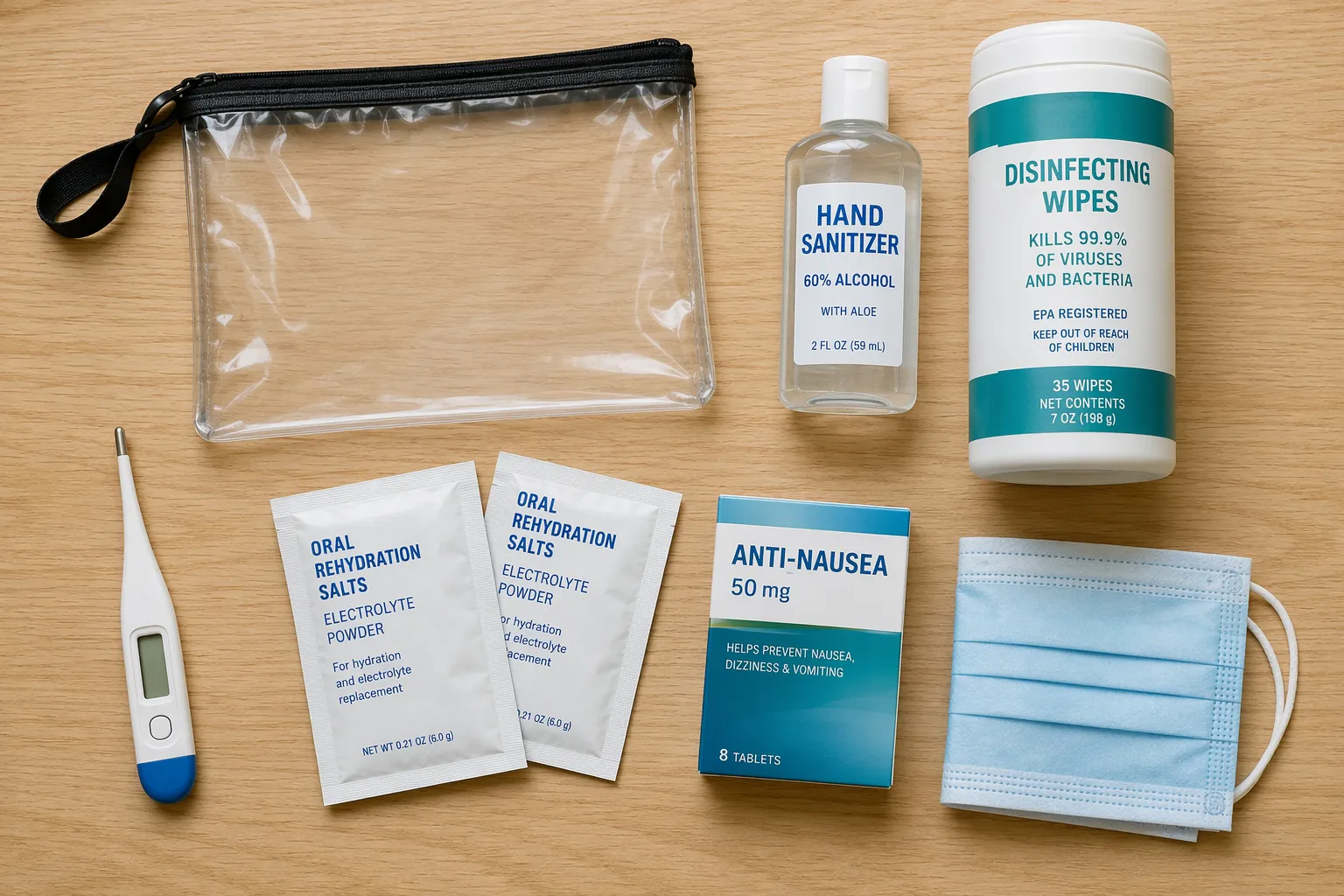 Cruise travel health kit with thermometer, sanitizer, disinfecting wipes, oral rehydration salts, anti-nausea medication, face mask, and clear pouch