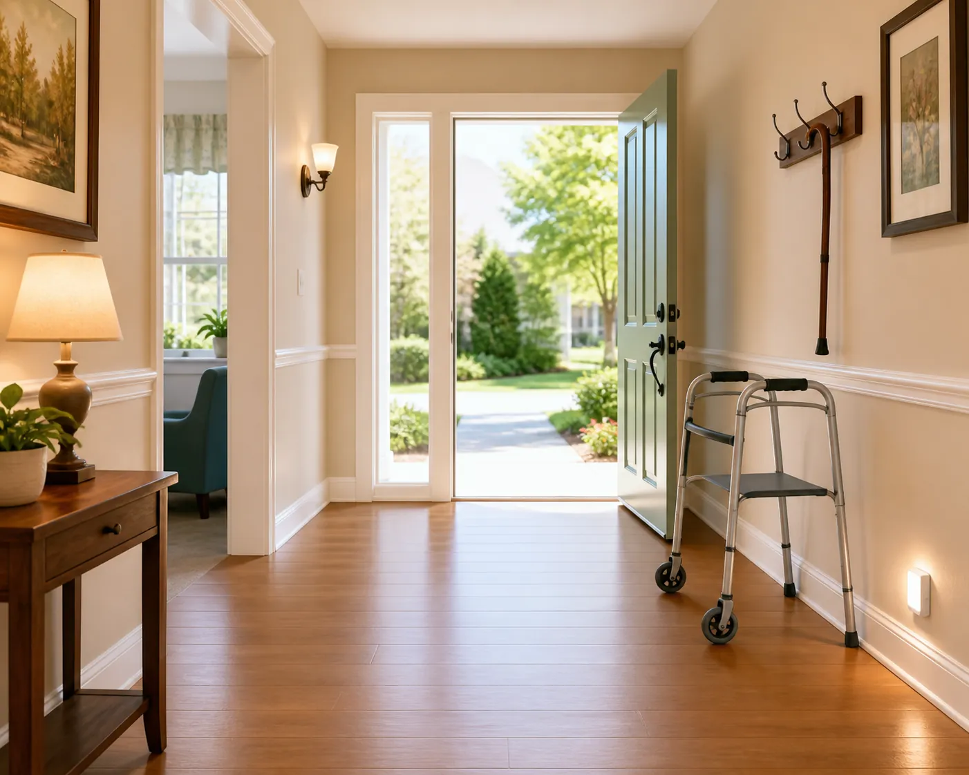 Pre-season staged exit path with a clear hallway, wide doorway, walker, cane near the exit, and night light