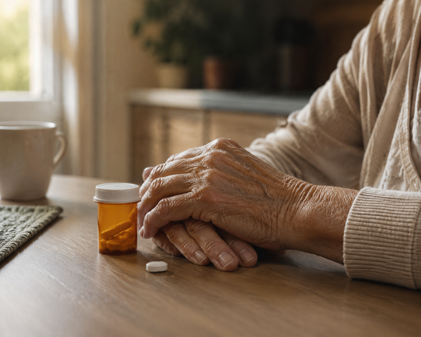 Older adult's hands beside an orange prescription bottle on a kitchen table