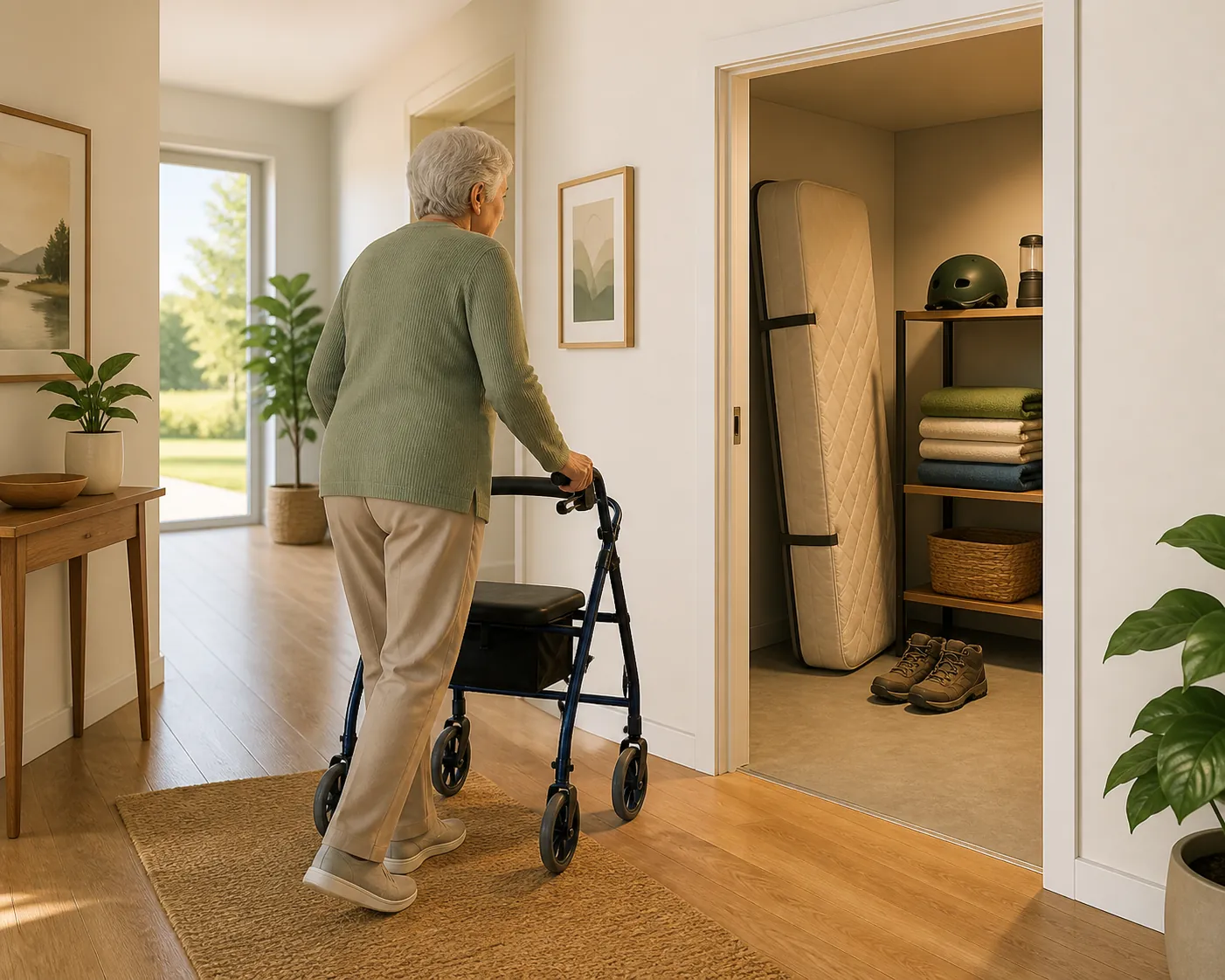 Older adult using a rolling walker moving through a clear hallway toward a prepared interior tornado shelter room