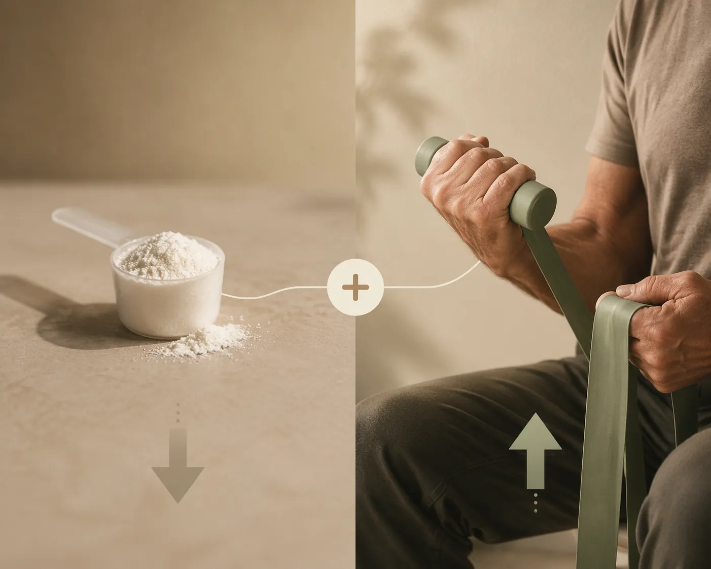 Creatine powder paired with resistance bands to show that supplementation works best with exercise