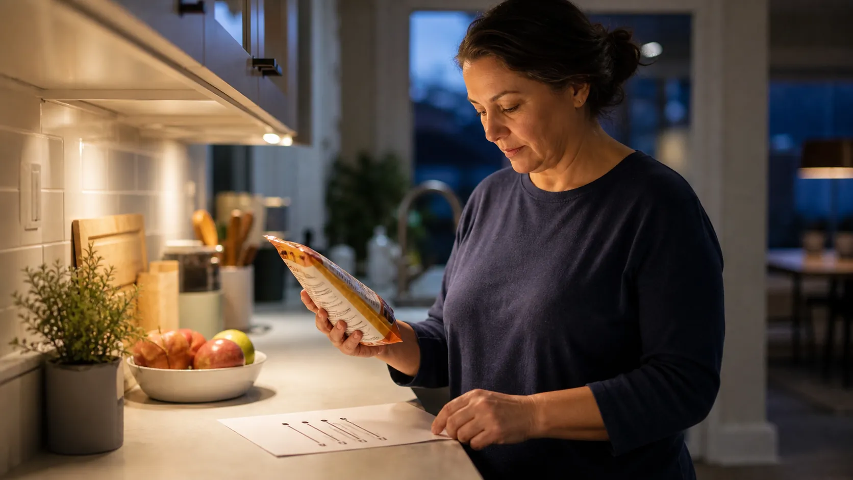 Caregiver comparing a packaged food label with a printed recall checklist at a kitchen counter
