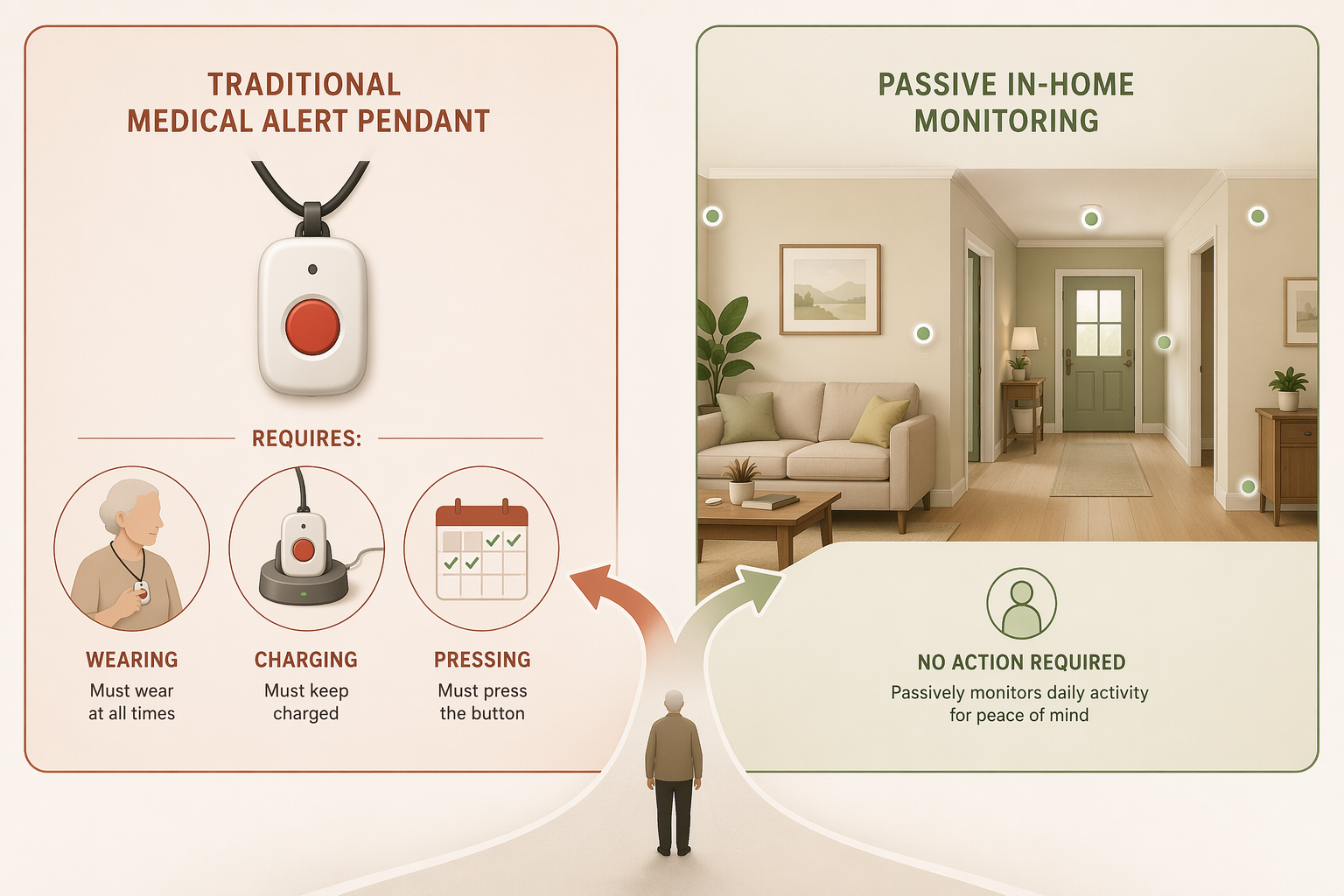 A split decision framework comparing pendant-based monitoring with passive home sensor monitoring