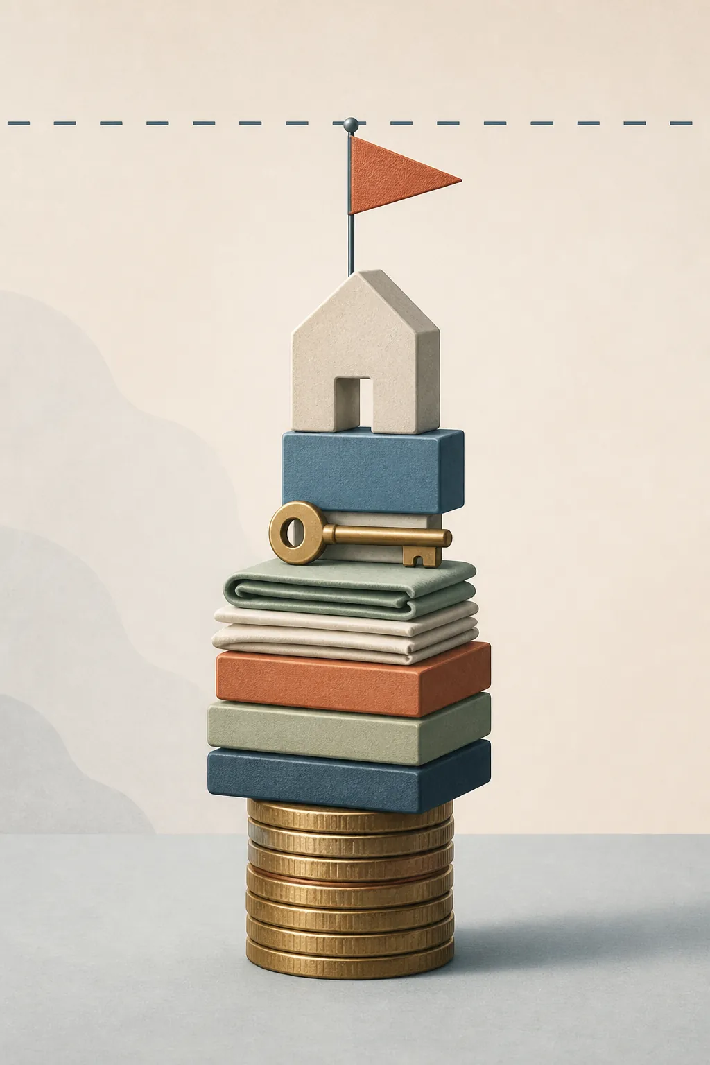 Layered coins, documents, a key, a house shape, and a flag pin stacked to represent partial payment sources for senior care