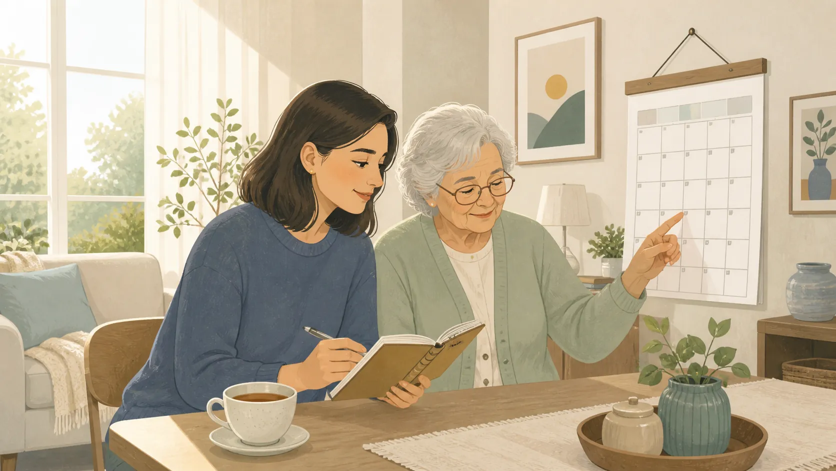 Adult daughter and elderly mother reviewing a care notebook and calendar at a living room table