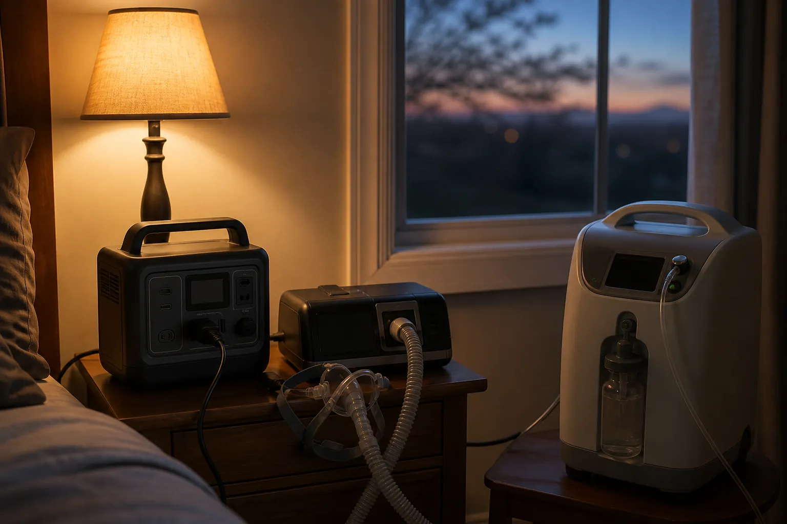Portable power station connected to a CPAP machine and oxygen concentrator in a dim room