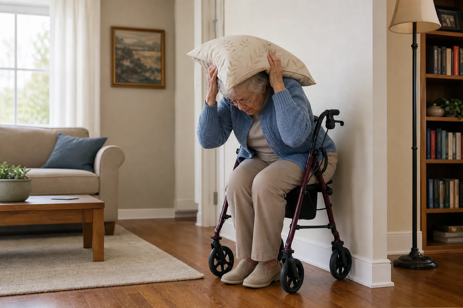Older woman seated low in a wheeled walker with wheel brakes locked, holding a pillow over her head and neck during an earthquake
