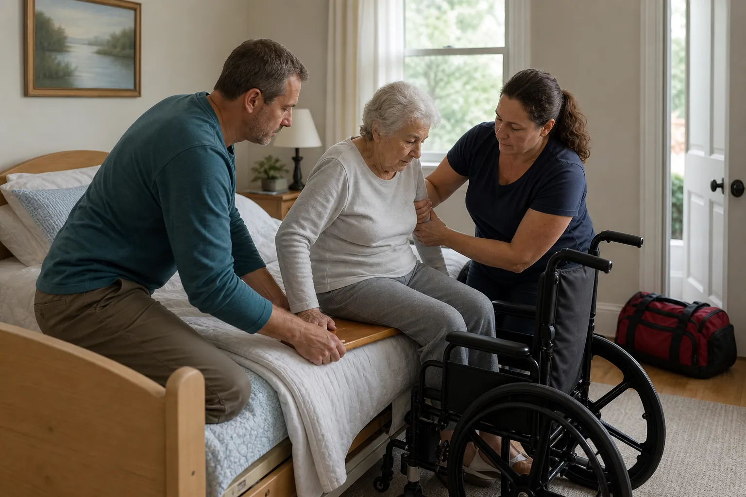 Two caregivers use a sliding transfer board to move a frail older woman from bed to wheelchair with an emergency bag nearby