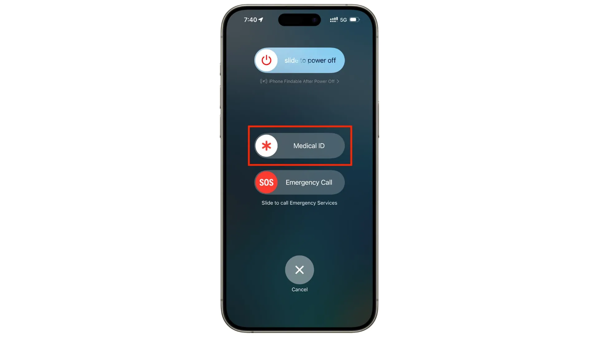 iPhone power-off screen showing a Medical ID button available from the lock screen