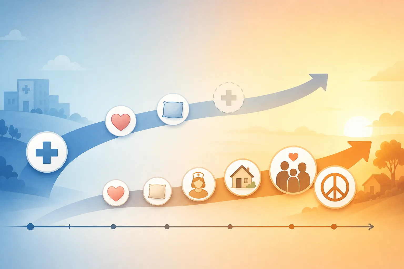 Illustration of two care pathways showing treatment and comfort supports changing over time
