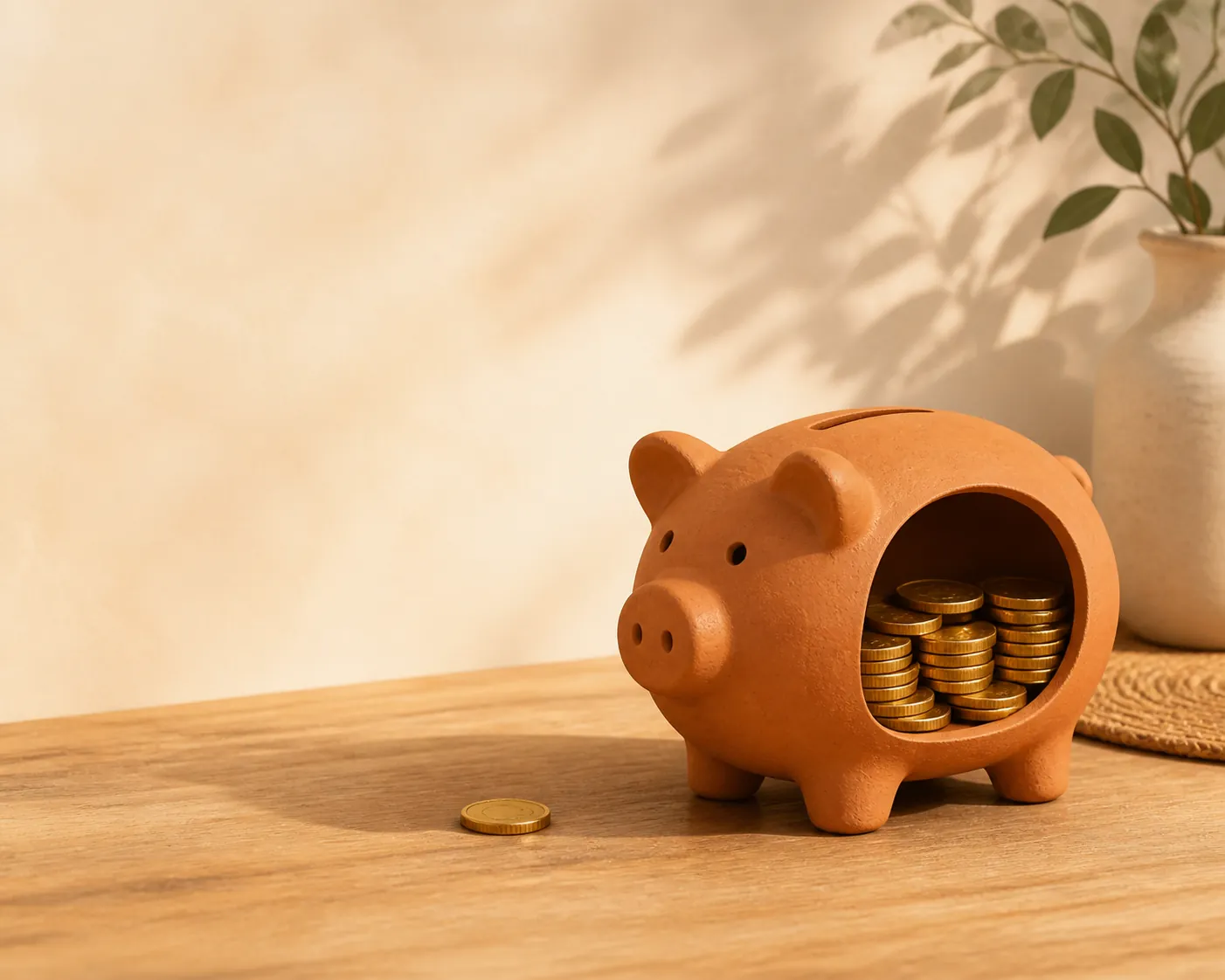 Terracotta piggy bank with one coin outside and many coins still inside, showing a partial reduction rather than a total loss