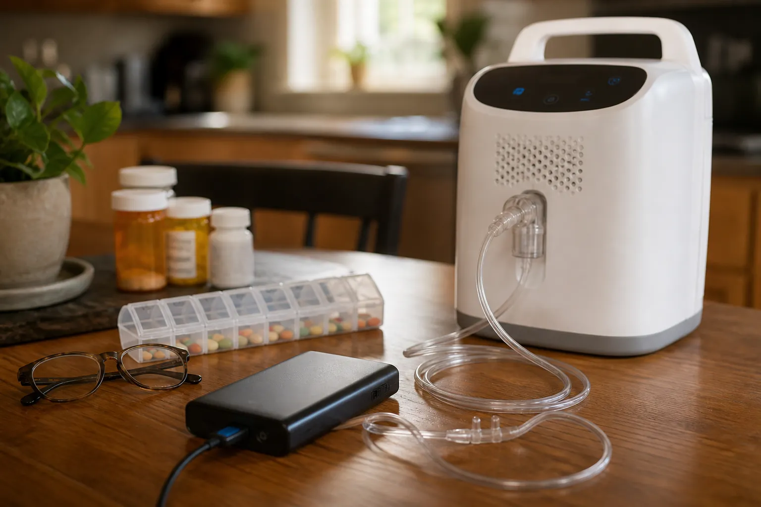 Medication bottles, pill organizer, reading glasses, backup power battery, and oxygen-style medical device on a kitchen table