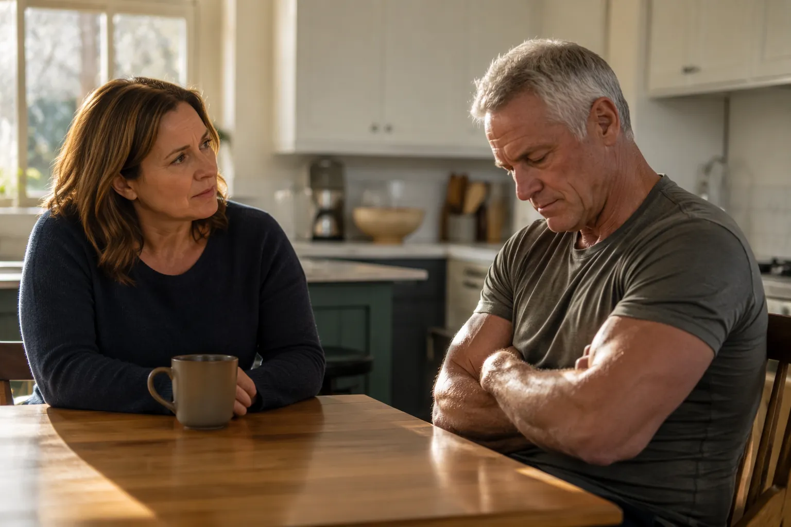 A concerned woman sits across from an older former athlete whose closed posture suggests resistance to a difficult conversation.