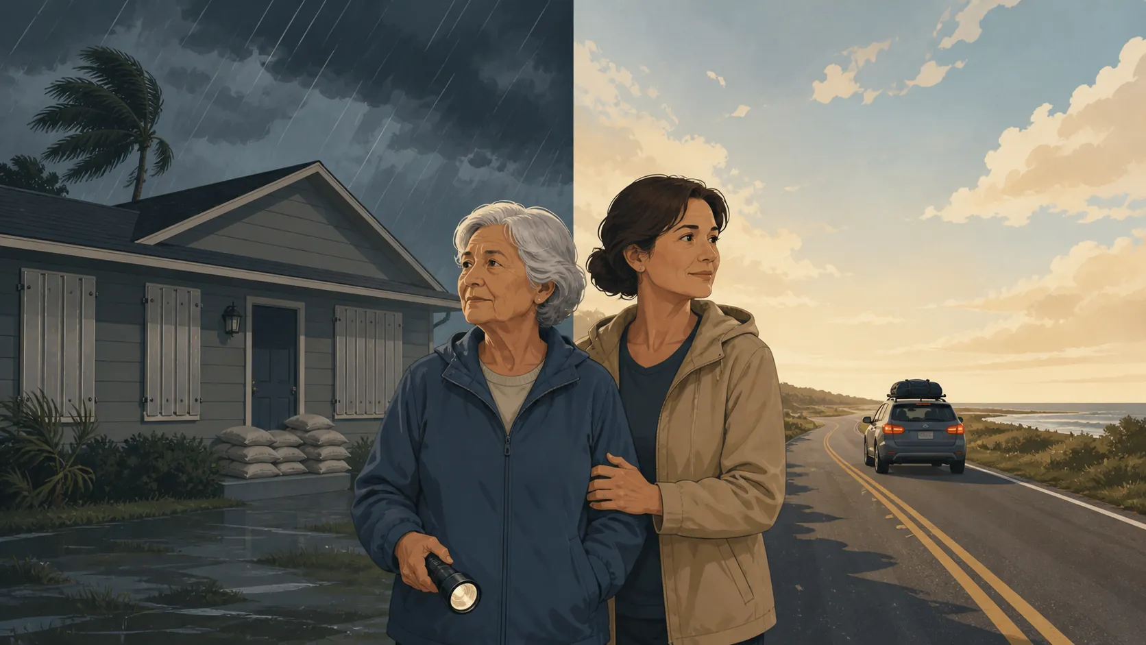 Older woman and middle-aged daughter standing between a storm-shuttered home and an evacuation road