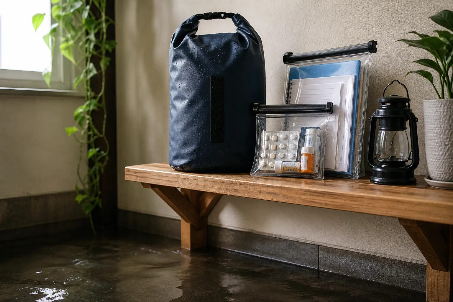 Waterproof dry bag and clear pouches with medications and documents stored on a raised shelf above a damp-looking floor