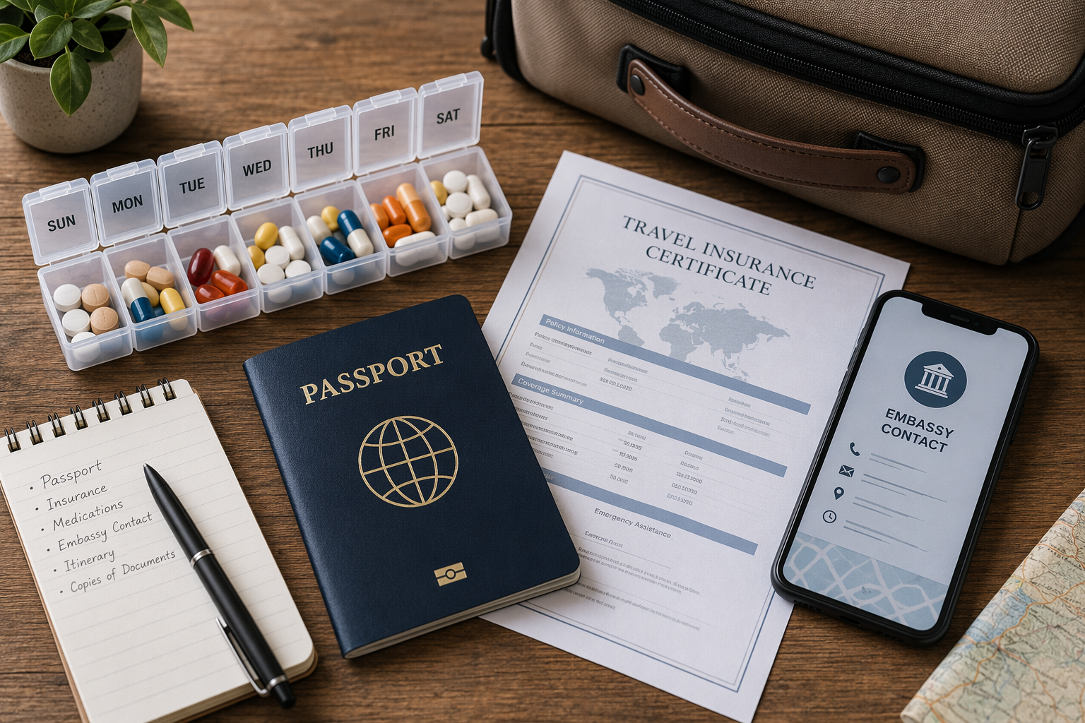 Pill organizer, passport, travel insurance certificate, smartphone with embassy contact, and carry-on bag arranged for travel preparation