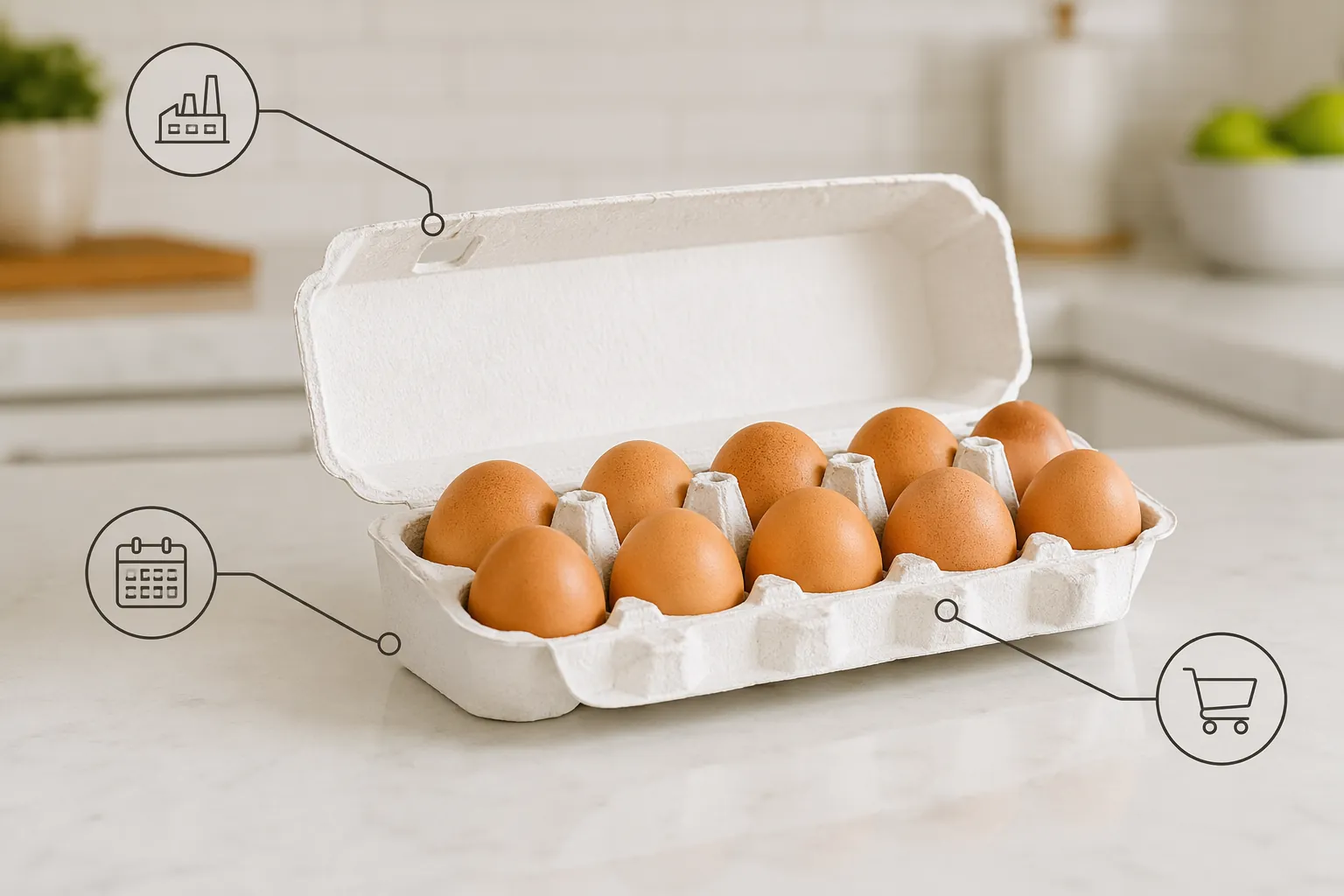 Open egg carton with markers showing where plant code, Julian date, and sell-by date may be printed