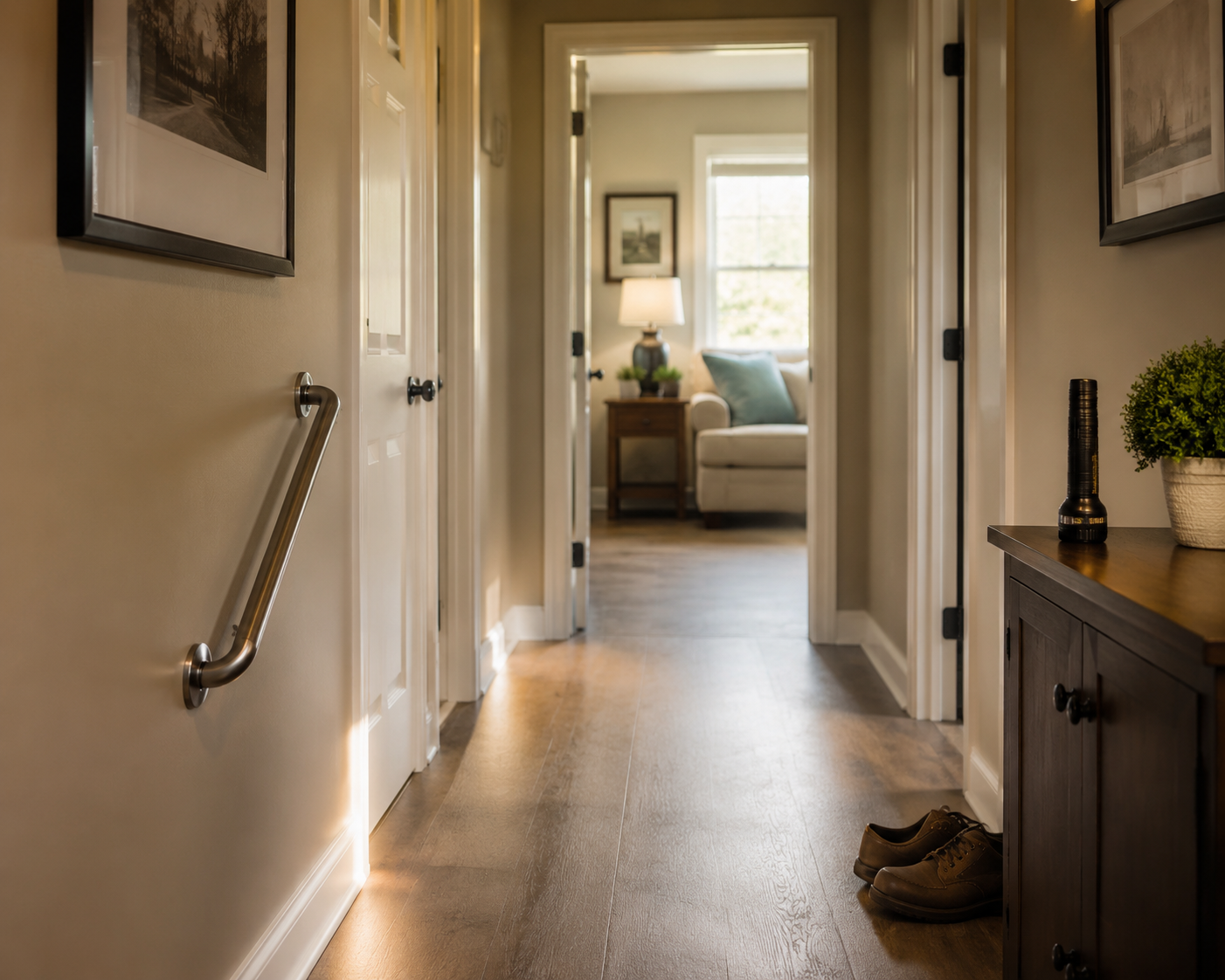 Fall-proofed home hallway with grab bar, closed-toe shoes, flashlight, and clear route to an interior room