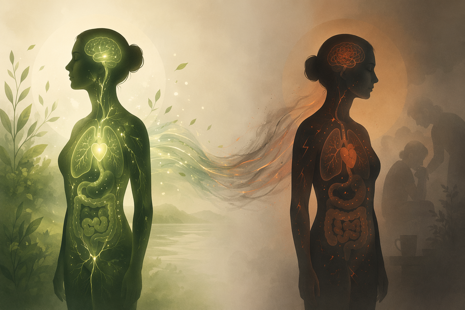 Two human body silhouettes side by side: one with glowing green health indicators, the other with faded orange‑red indicators, connected by a subtle transition.