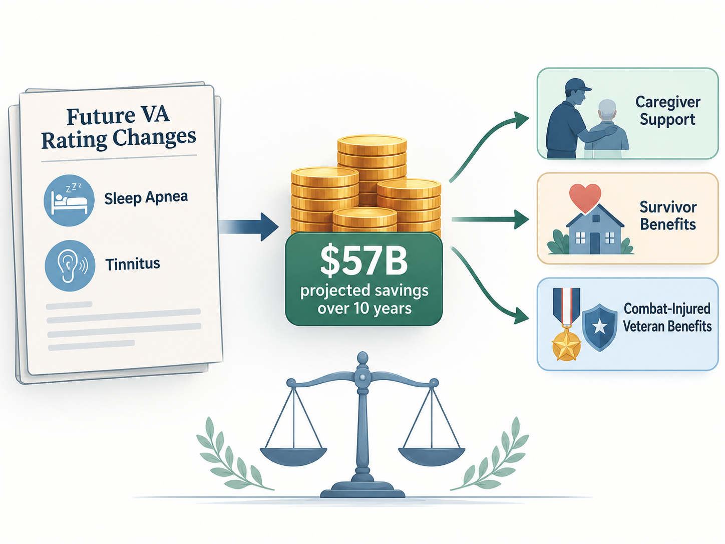 Flow diagram showing future VA rating changes producing projected savings used for caregiver, survivor, and combat-injured veteran benefits