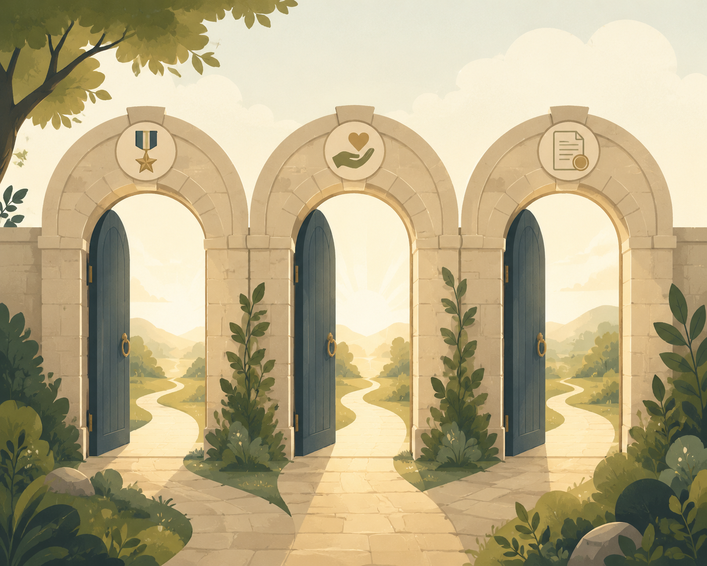 Three archways representing service history, care need, and financial eligibility