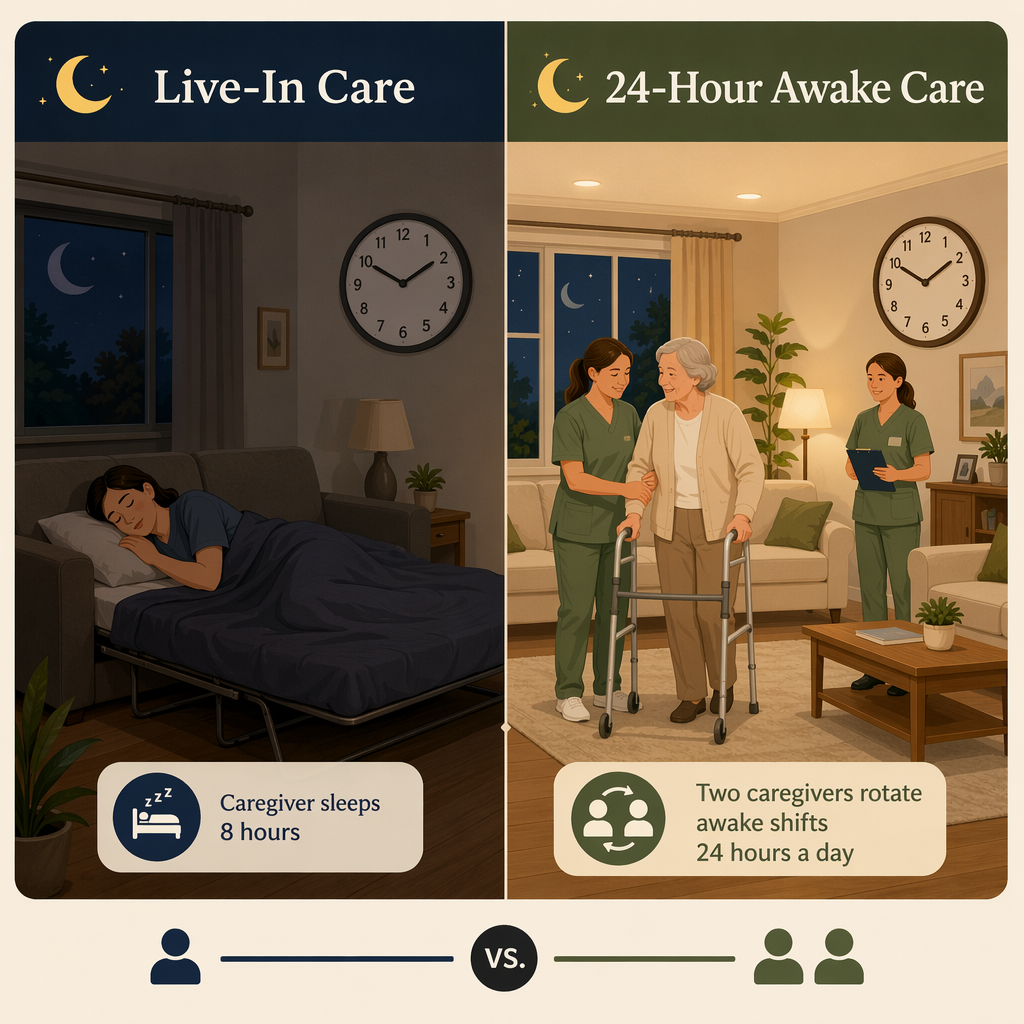 A split-comparison illustration showing live-in care on the left with one caregiver asleep on a sofa bed, and 24-hour awake care on the right with two caregivers actively assisting a senior at night.